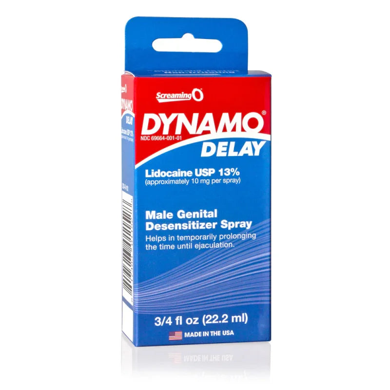 Dynamo Delay male genital desensitizer spray with 13% lidocaine, 3/4 fl oz, made in the USA
