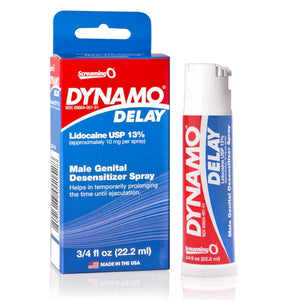 Dynamo Delay male genital desensitizer spray with lidocaine 13% in blue and red packaging