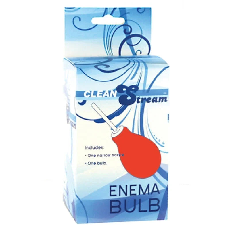 Clean Stream enema bulb packaging with red bulb illustration, includes narrow nozzle and bulb