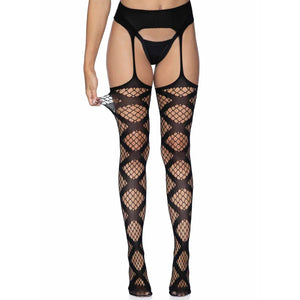 Faux Wrap Industrial Net Garter Belt Stockings - Stockings -One Size - Black