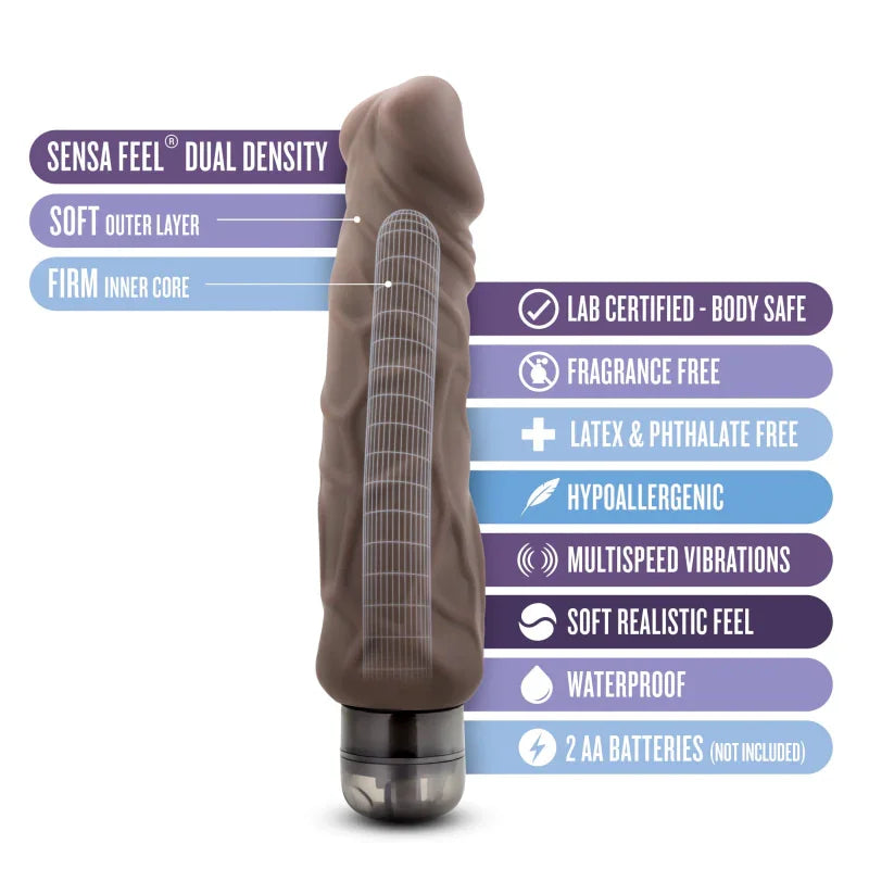 Brown realistic vibrator with dual density Sensa Feel, multispeed, waterproof, hypoallergenic, body safe features