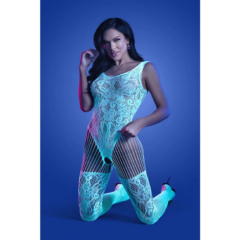 Illuminate Crotchless Teddy Bodystocking - One Size - White/blue