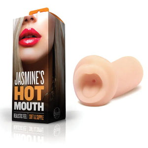 Jasmine's Hot Mouth male masturbator with realistic soft, supple feel and packaging featuring lips