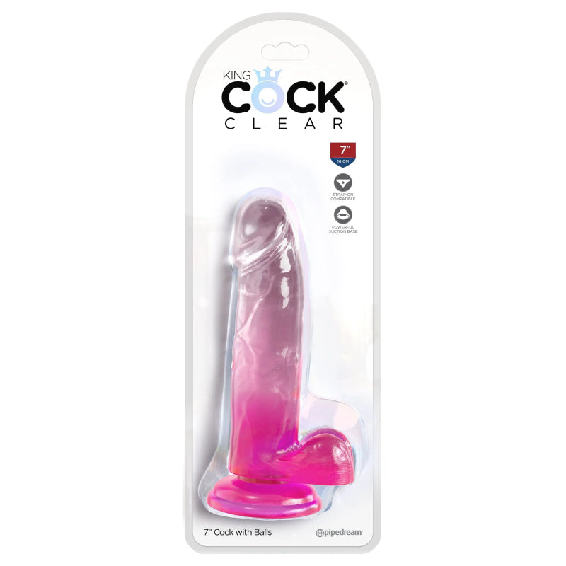 King Cock Clear 7 Inch With Balls - Pink