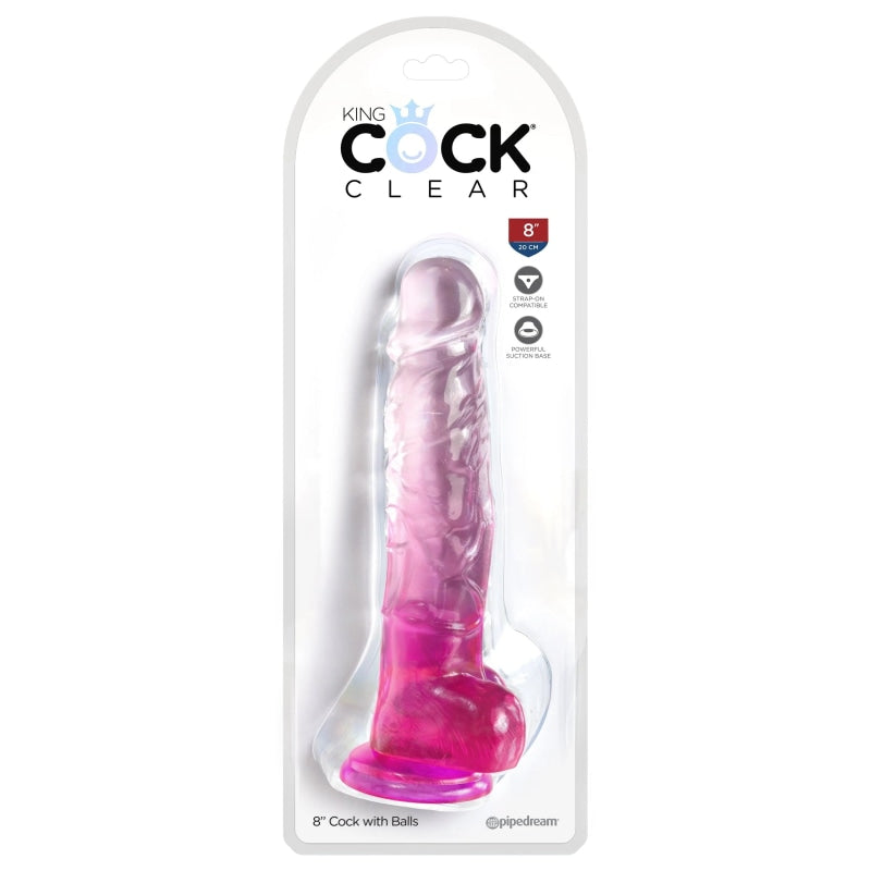 King Cock Clear 8 Inch With Balls - Pink