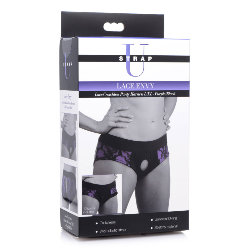 Lace Envy Crotchless Panty Harness - S/ M Black and Purple