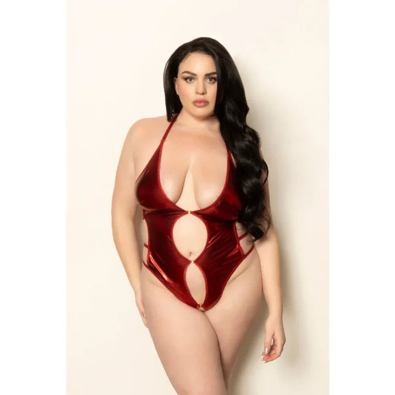 Lame Teddy With Keyholes - Queen Size - Red - MyPleasure