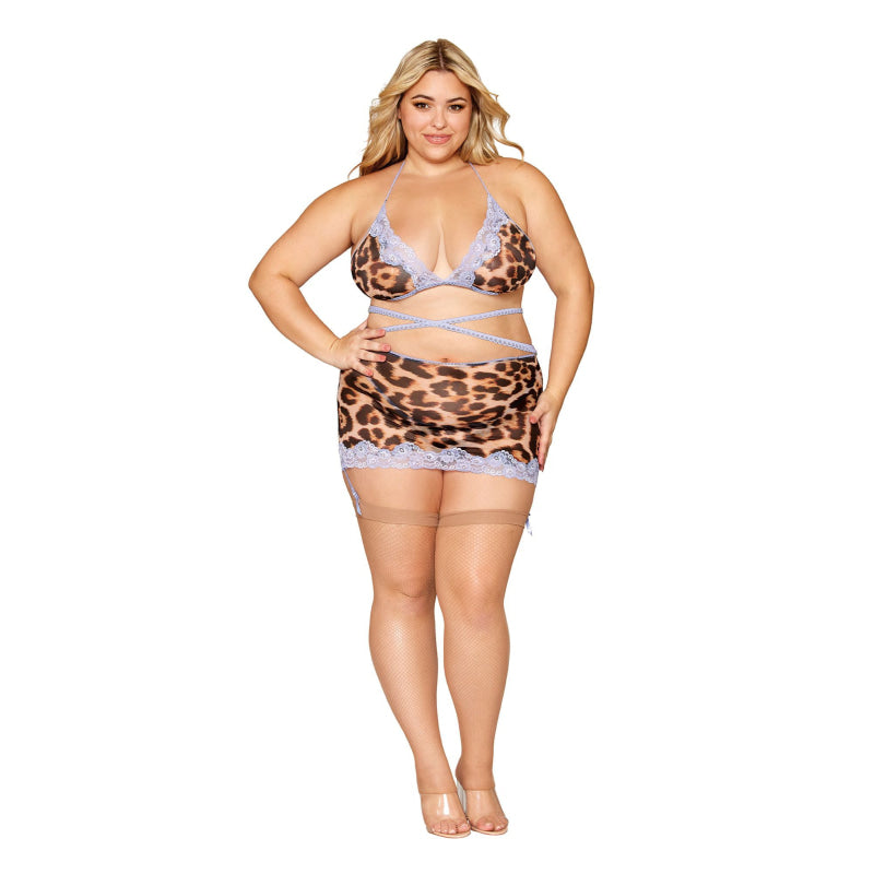 Leopard Bralette With Garter Skirt and G-String -  Queen Size - Leopard