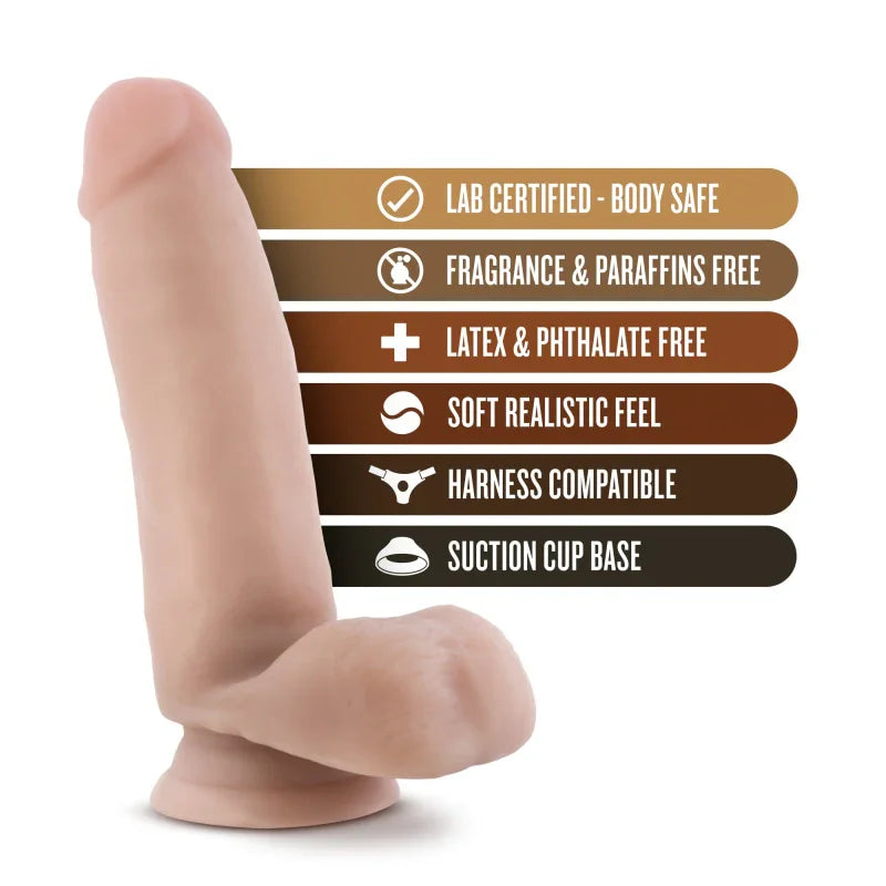 Realistic flesh-tone dildo with suction cup, soft texture, lab certified, latex free, harness compatible