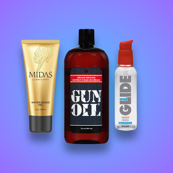 Three lubricant products on a gradient blue background