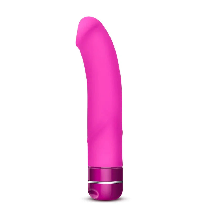Pink curved silicone vibrator with shiny purple base on white background