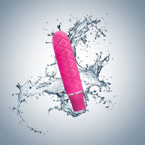 Pink textured mini vibrator with splash of water, waterproof adult toy on gray background