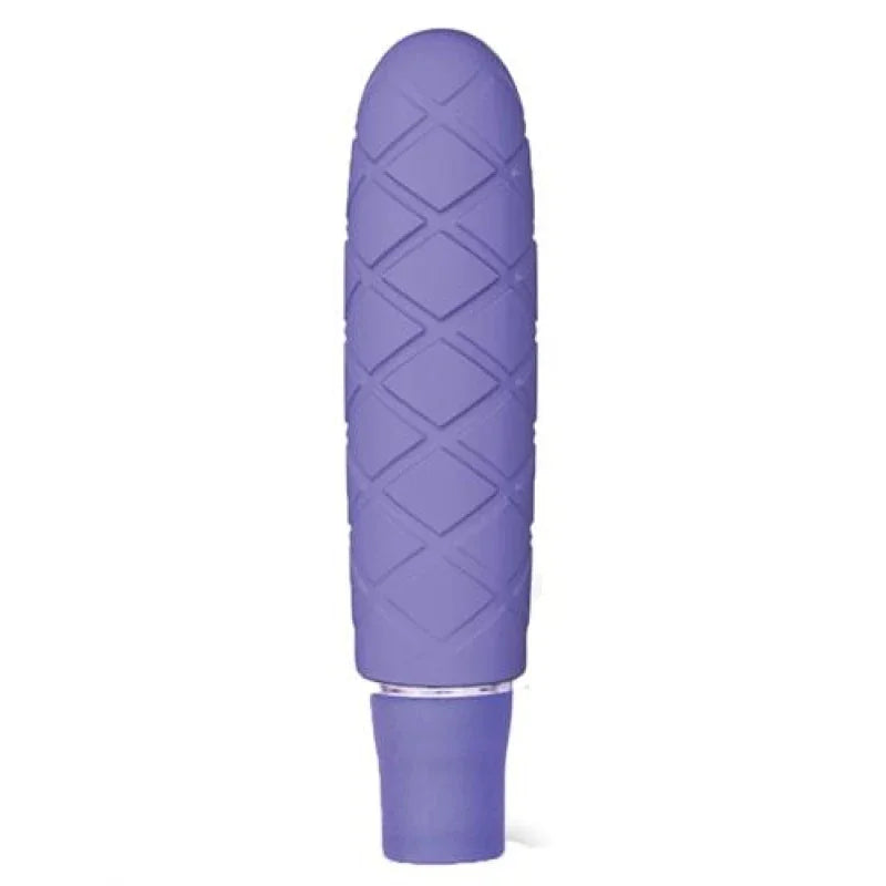 Mini periwinkle vibrator with diamond pattern texture and smooth base on white background