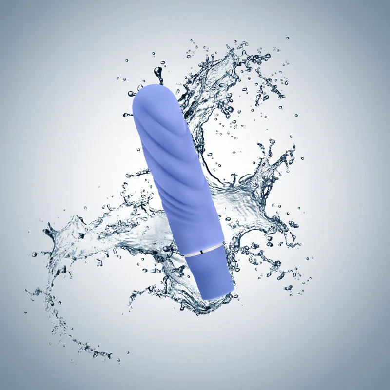 Mini periwinkle waterproof vibrator with textured design splashing in water