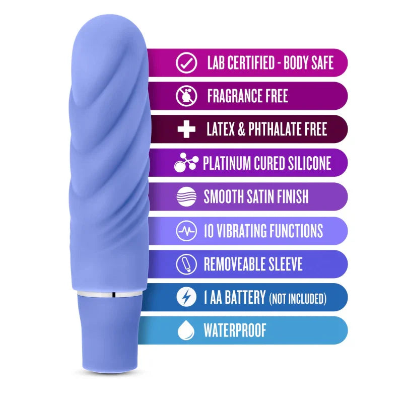 Periwinkle vibrator with twisted design and features list including waterproof, 10 functions, body safe silicone