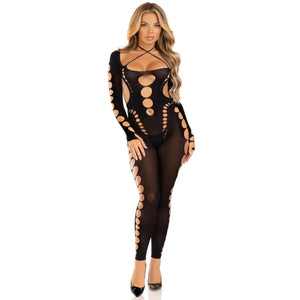 Opaque Cut Out Footless Bodystocking - One Size - Black - MyPleasure