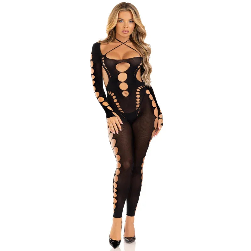 Opaque Cut Out Footless Bodystocking - One Size - Black - MyPleasure