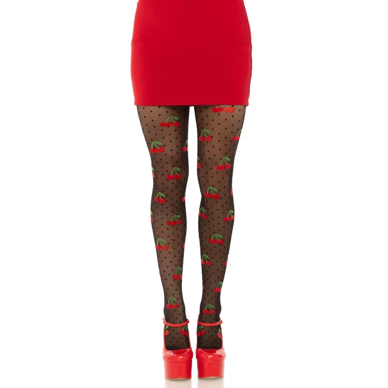 Polka Dot Cherry Tights - One Size - Black - MyPleasure