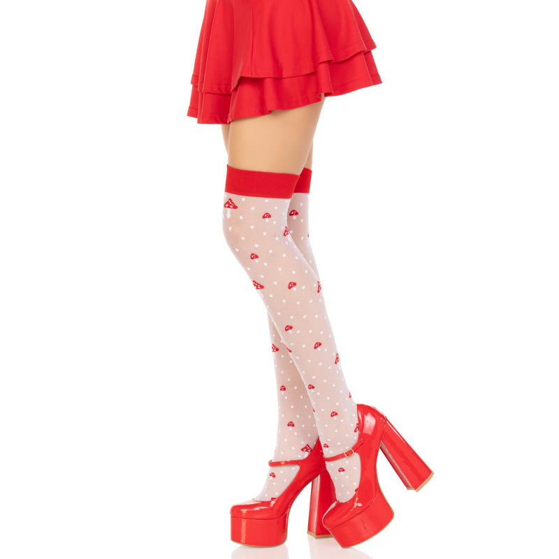 Polka Dot Mushroom Thigh High - One Size - White/red