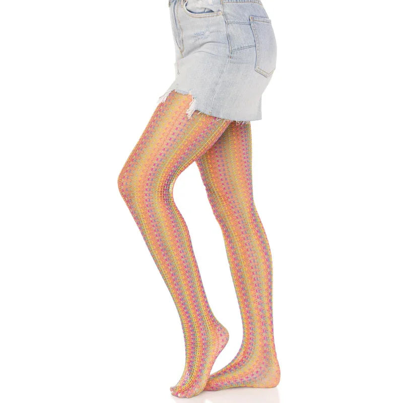 Rainbow Crochet Net Tights - One Size - Multicolor - MyPleasure