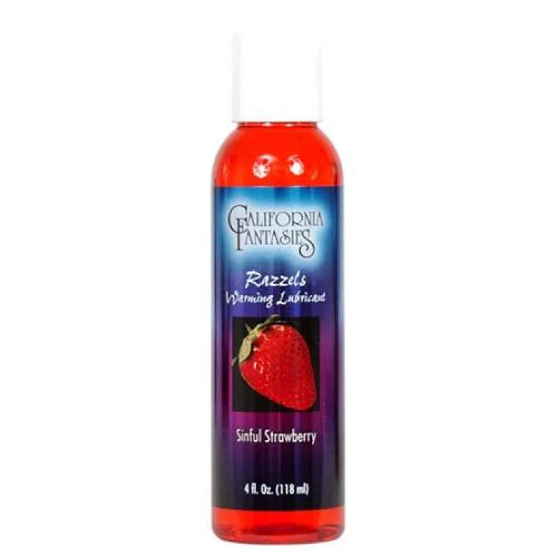 California Fantasies Razzels warming lubricant bottle with sinful strawberry flavor, 4 oz