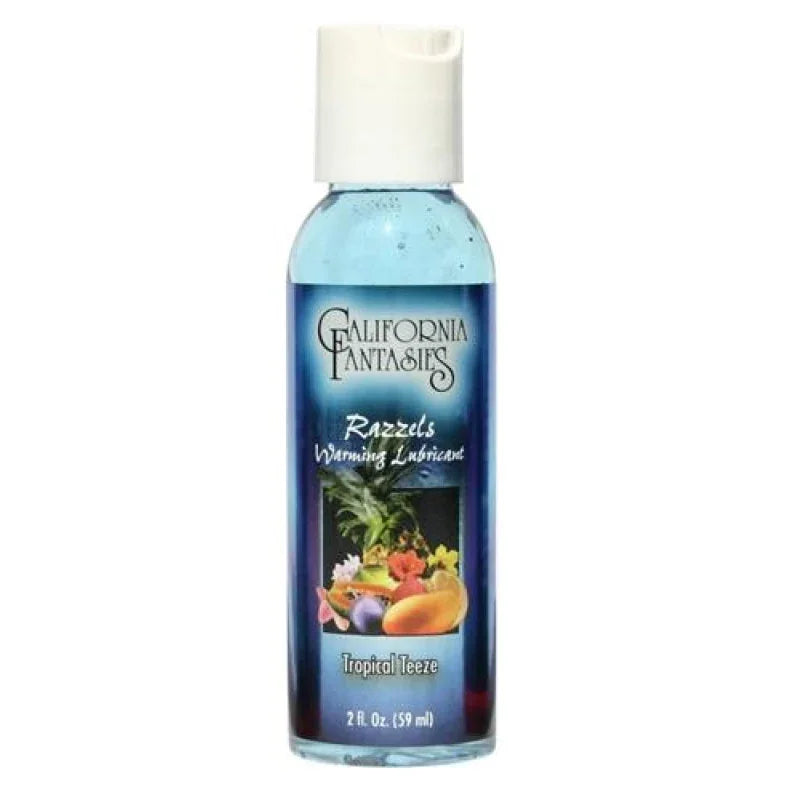 California Fantasies Razzels Warming Lubricant Tropical Teeze 2 oz bottle with tropical fruit design