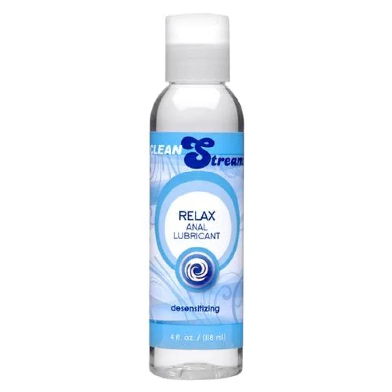 Clean Stream Relax desensitizing anal lubricant in 4 oz clear plastic bottle with blue label