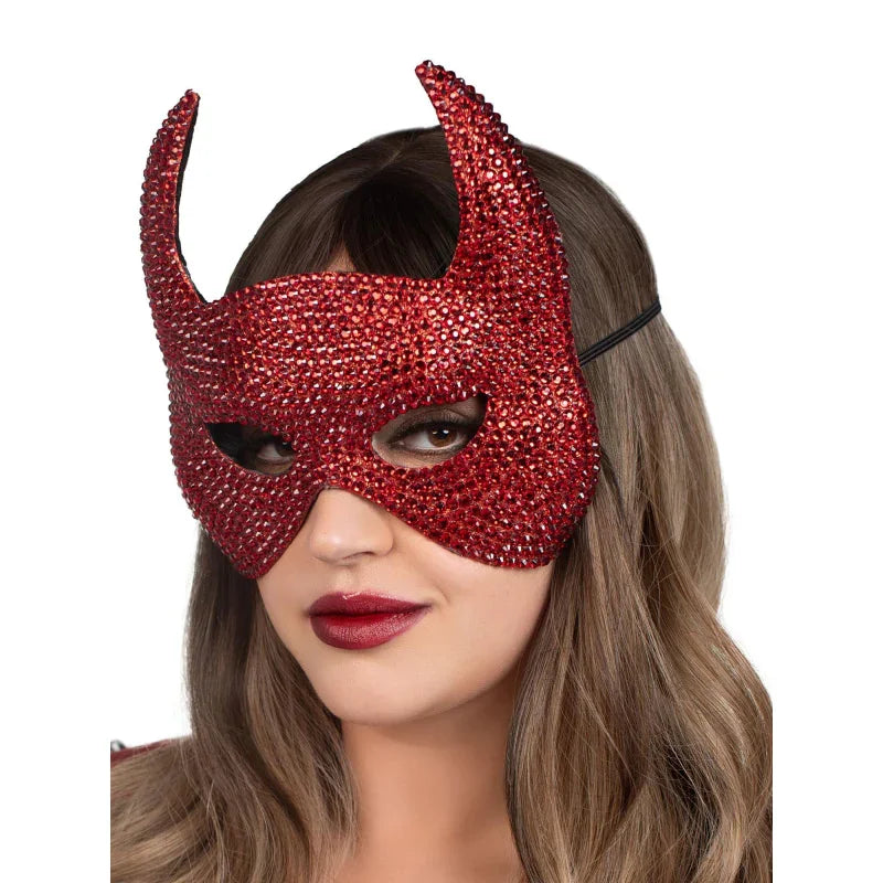 Rhinestone Devil Mask - One Size - Red - MyPleasure