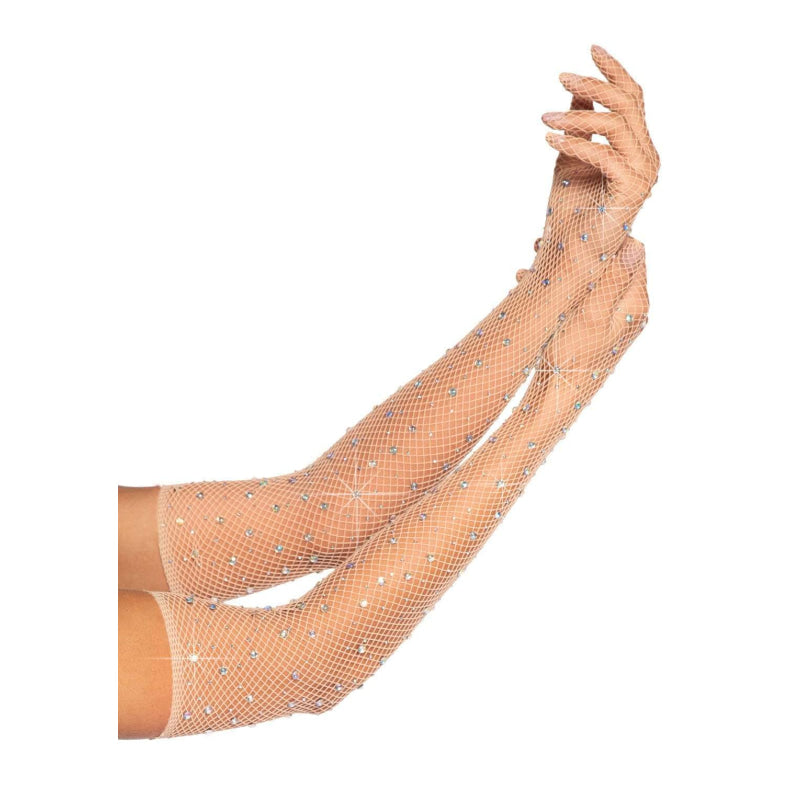 Rhinestone Fishnet Long Gloves Nude