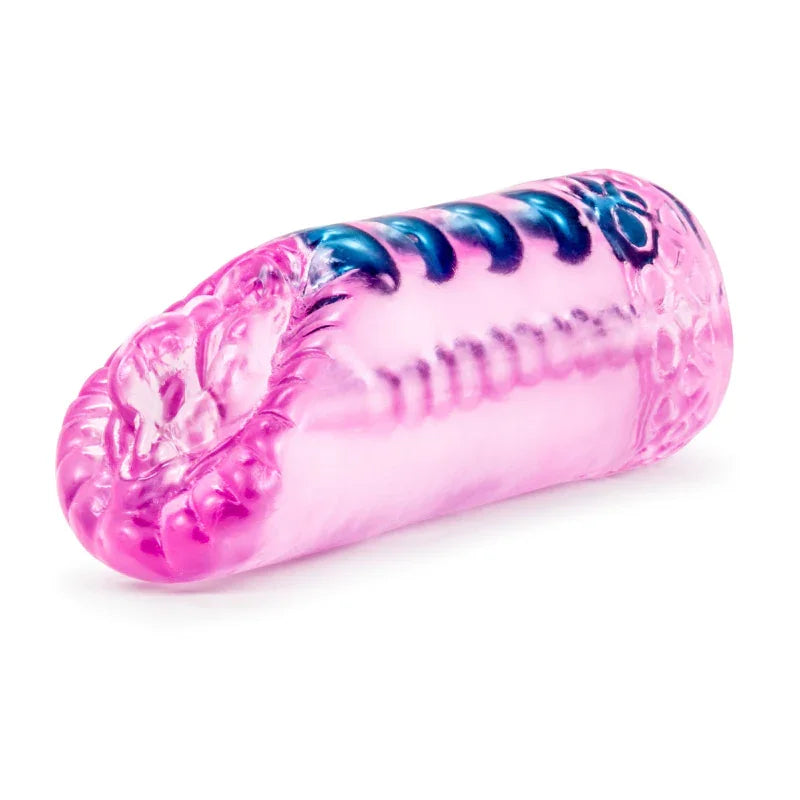 Pink transparent male masturbator sleeve with textured inner and outer details
