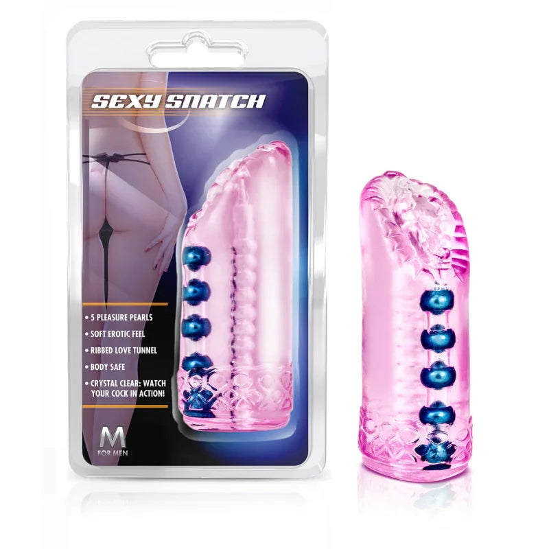 Sexy Snatch pink male masturbator with 5 blue pleasure pearls, ribbed texture, displayed with packaging
