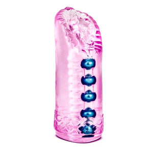 Pink male masturbator sleeve with internal blue beads for enhanced pleasure, translucent silicone design