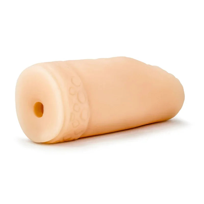 flesh-colored male masturbation aid shaped like a textured portable sleeve on white background
