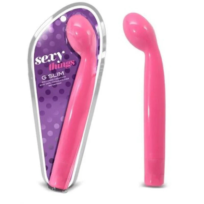 Pink Sexy Things G Slim vibrator with curved tip, shown in and out of purple polka dot packaging