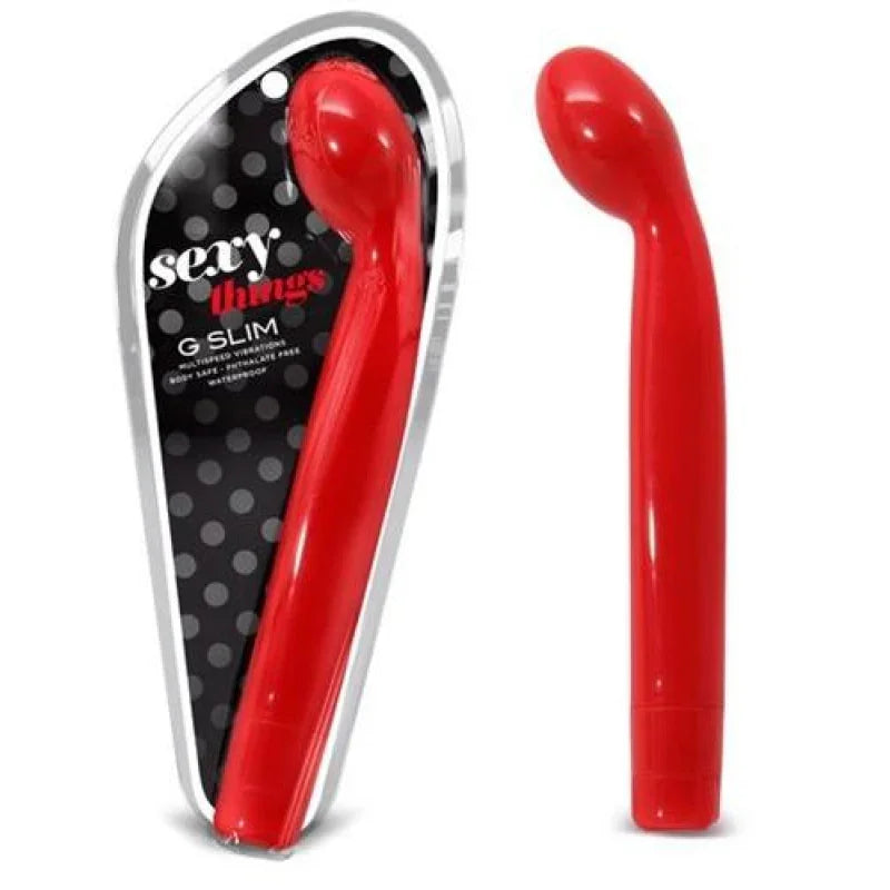 red Sexy Things G Slim curved waterproof vibrator in packaging and out, adult toy