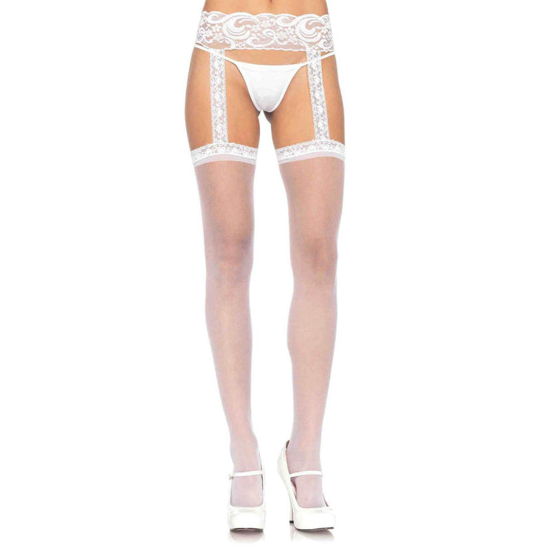 Sheer Lace Top Stockings With Attached Lace Garter Belt - One Size - White