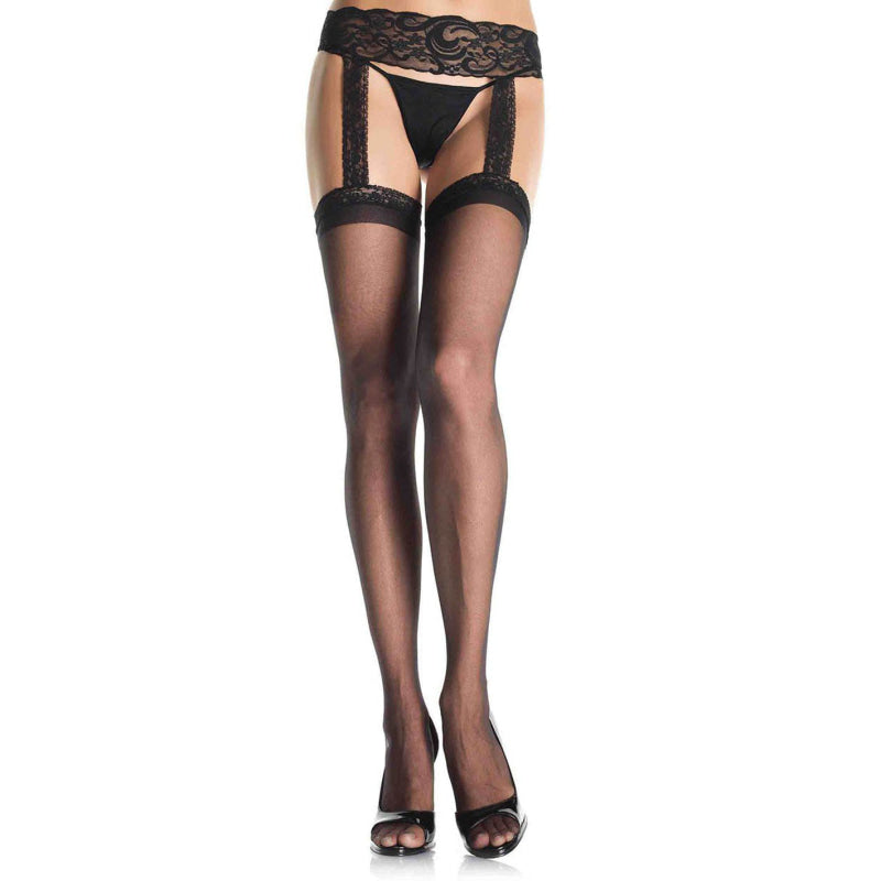 Sheer Lace Top Stockings With Attached Lace Garter Belt - Queen Size - Black