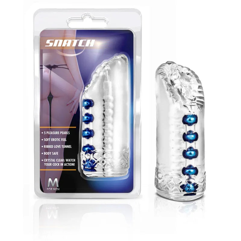 Snatch crystal clear male masturbation sleeve with five blue pleasure pearls and ribbed love tunnel