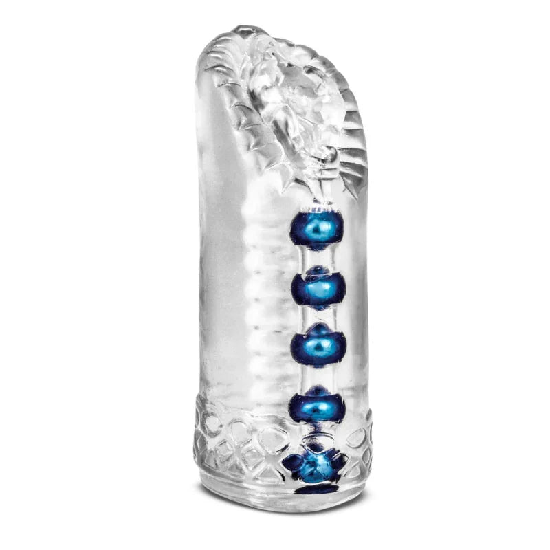 Transparent male masturbation aid with textured tip and internal blue beads for enhanced stimulation