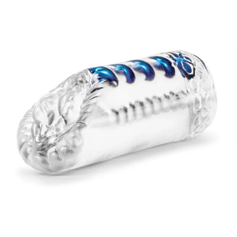 Clear textured male masturbator sleeve with blue spiral design and internal ribs