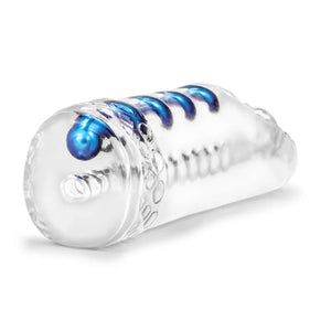 Transparent male masturbation sleeve with blue internal spiral for enhanced pleasure
