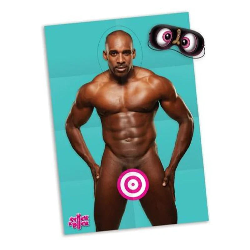 muscular bald man nude with target graphic over groin on blue background, party game accessory with googly eyes mask