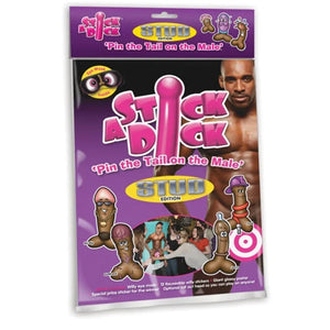 Stick a Dick Stud Edition adult party game packaging with purple background and shirtless man