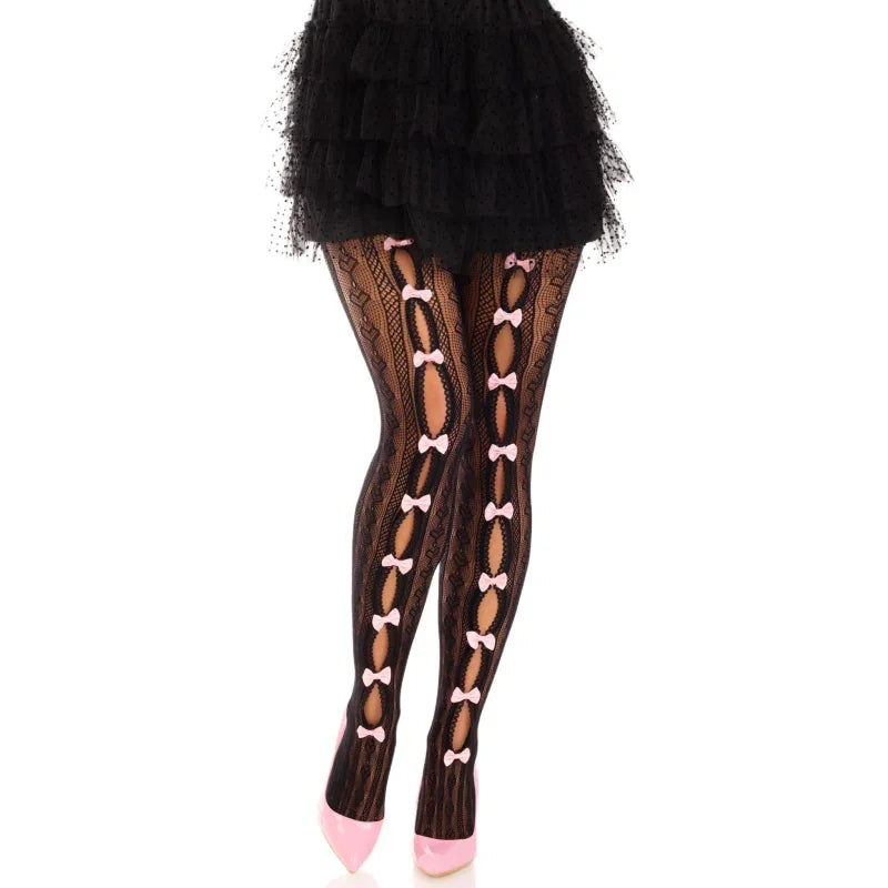 Sweetheart Striped Net Tights With Keyhole and Mini Bow Detail - One Size - Black - MyPleasure