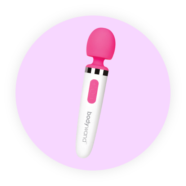 Pink and white wand vibrator on a light purple circle background