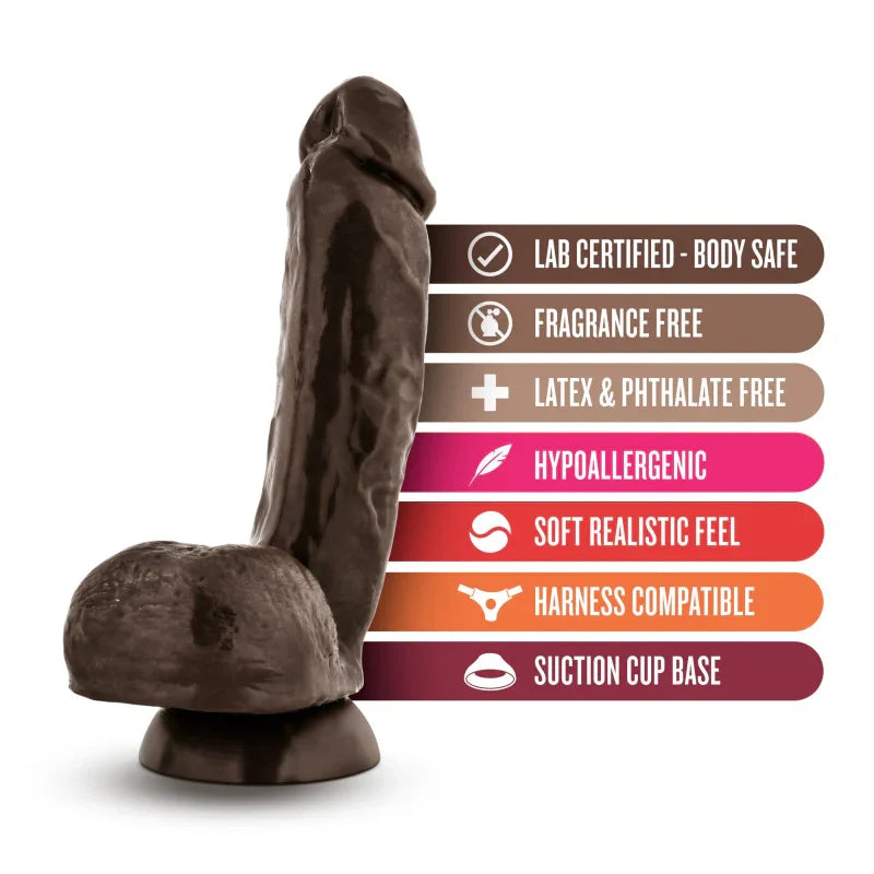Dark brown realistic dildo with suction cup base and labels highlighting safety and features