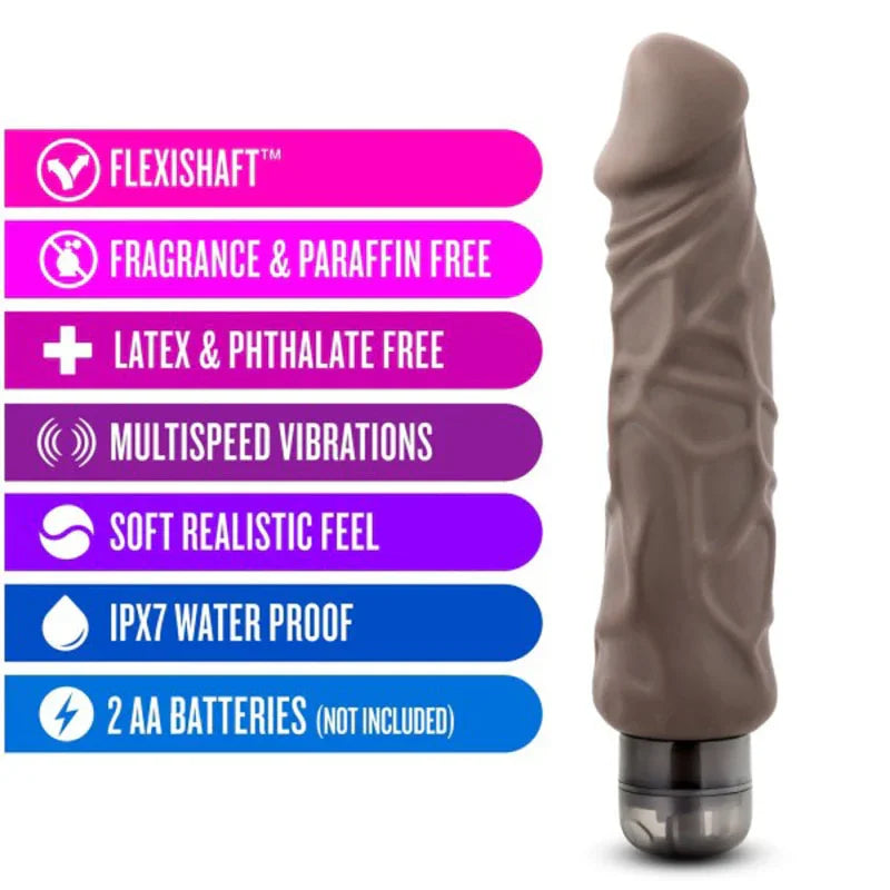 9-inch brown vibrating dildo with flexishaft, multispeed vibrations, waterproof, latex and phthalate free