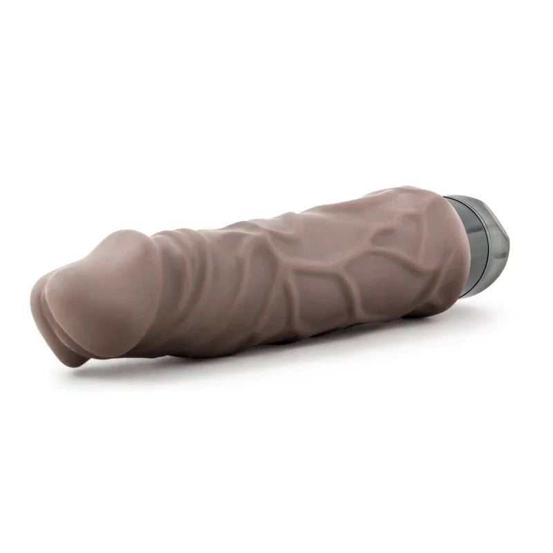 Brown 9-inch realistic vibrating dildo with veined texture and silver base on white background