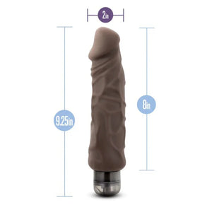 Brown 9.25-inch vibrating dildo with 2-inch diameter and textured shaft on white background
