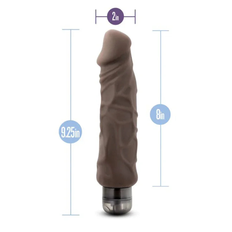 Brown 9.25-inch vibrating dildo with 2-inch diameter and textured shaft on white background